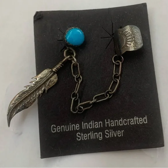 Vintage Sterling Silver Turquoise Feather Dangle Earring Pierced and Ear Cuff - Picture 5 of 8
